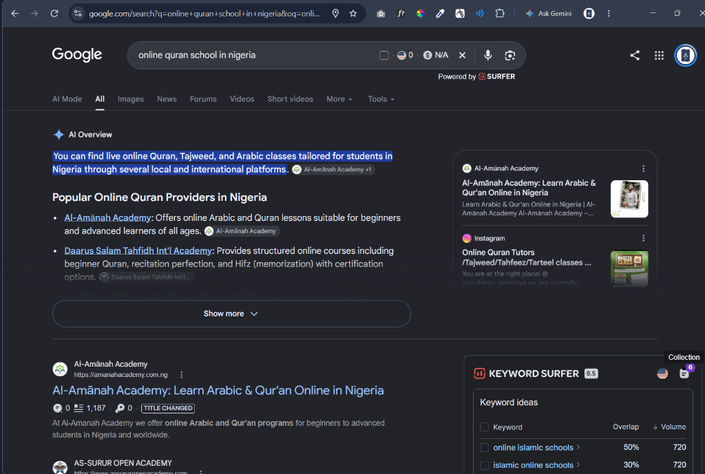 Search for 'online quran school in nigeria' showing Al-Amānah Academy featured in Google AI Overview as a popular online provider and holding the top organic position.