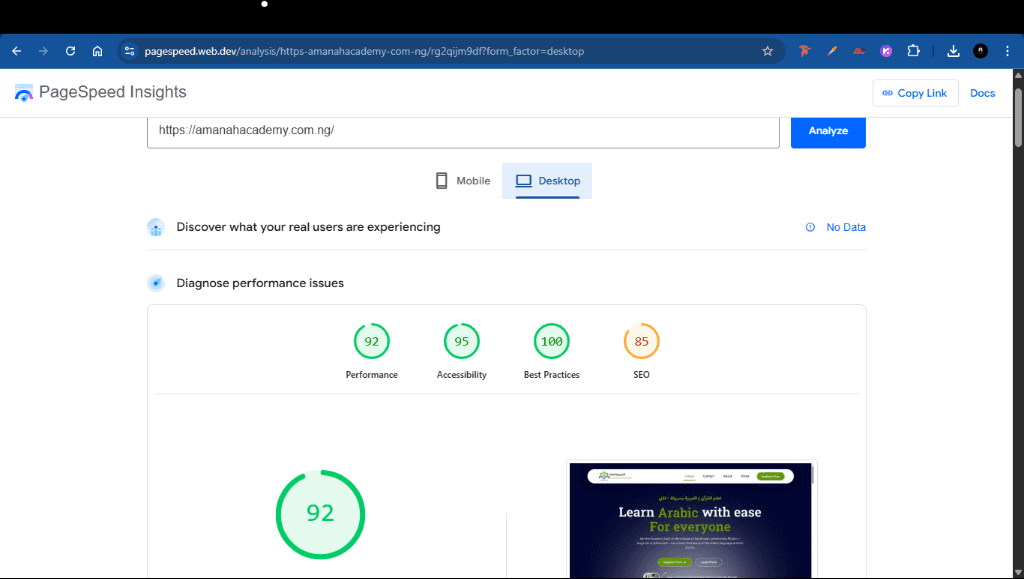 Google PageSpeed Insights on desktop confirming 92 Performance, 95 Accessibility, and 100 Best Practices.