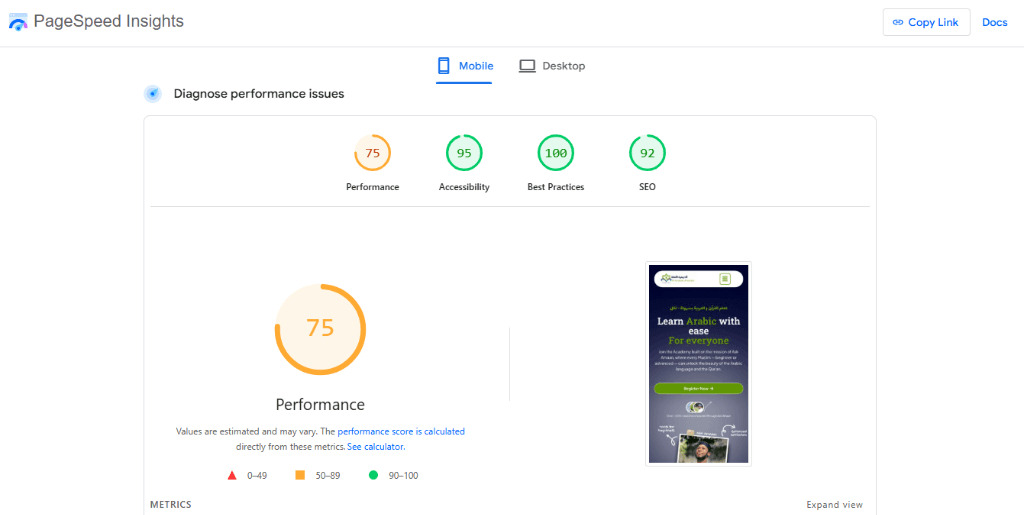 Google PageSpeed Insights on mobile confirming 95 Accessibility, 100 Best Practices, and 92 SEO.