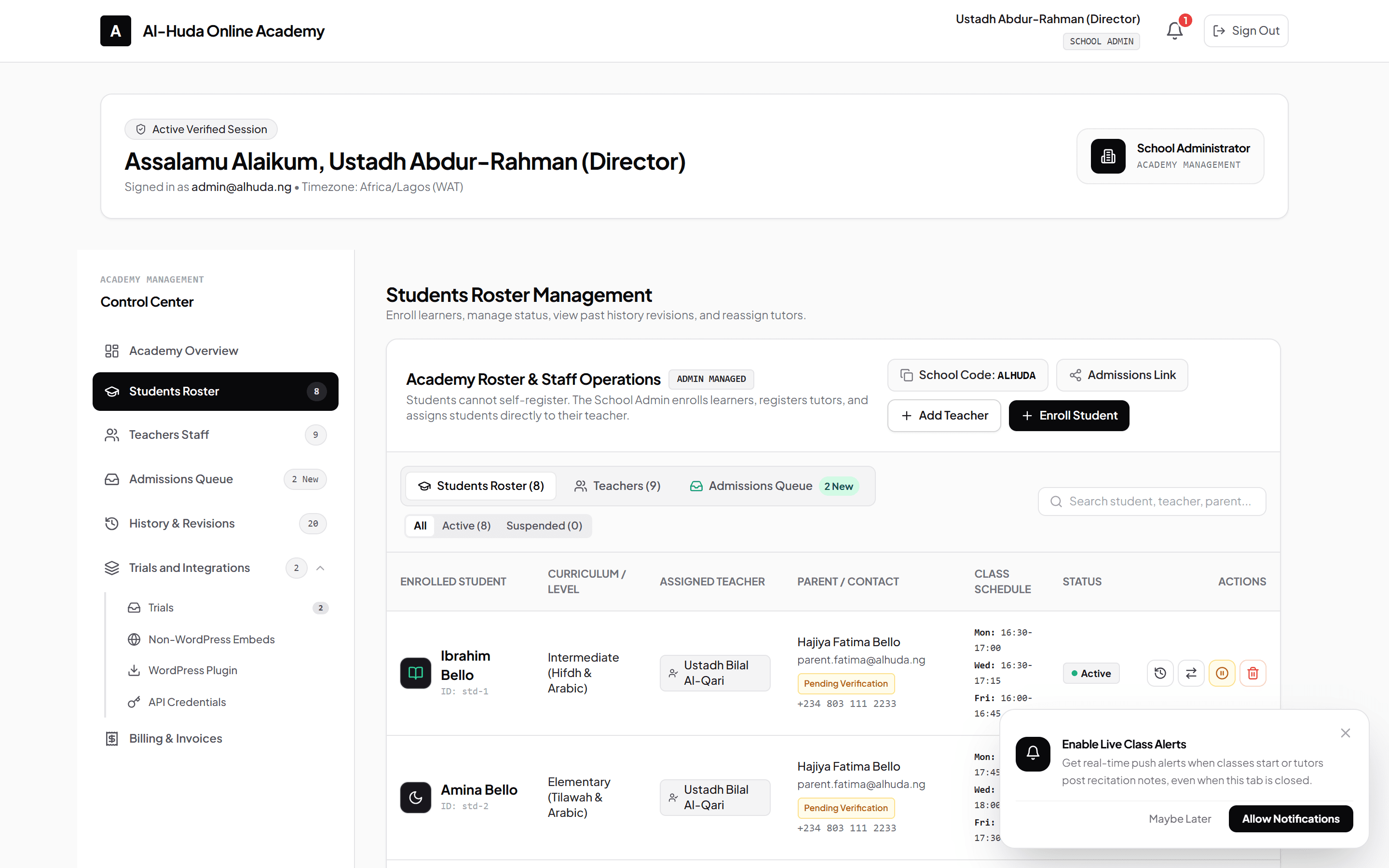 School Director dashboard displaying active students, tutor allocations, and admission pipelines.