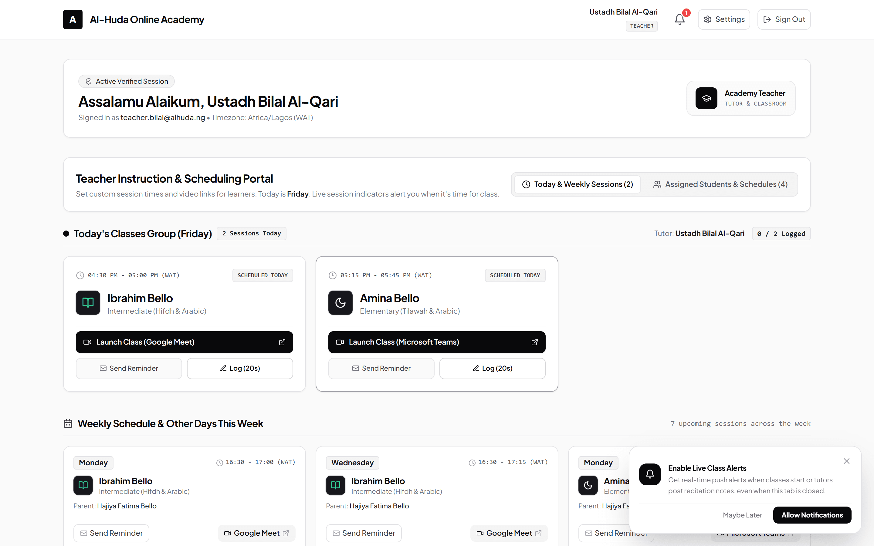 Tutor schedule with real-time class status indicators and 1-click video meeting bridge.