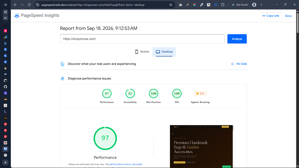 PageSpeed audit confirming 97 Performance, 92 Accessibility, 100 Best Practices, and 100 SEO on desktop devices.