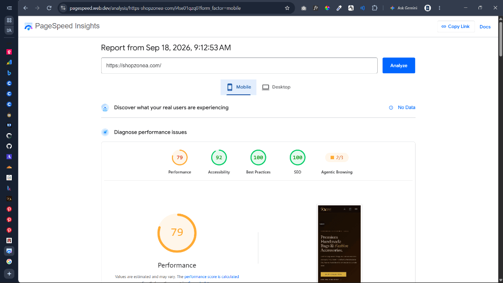 PageSpeed audit on mobile confirming 100 Best Practices, 100 SEO, and 92 Accessibility on cellular networks.